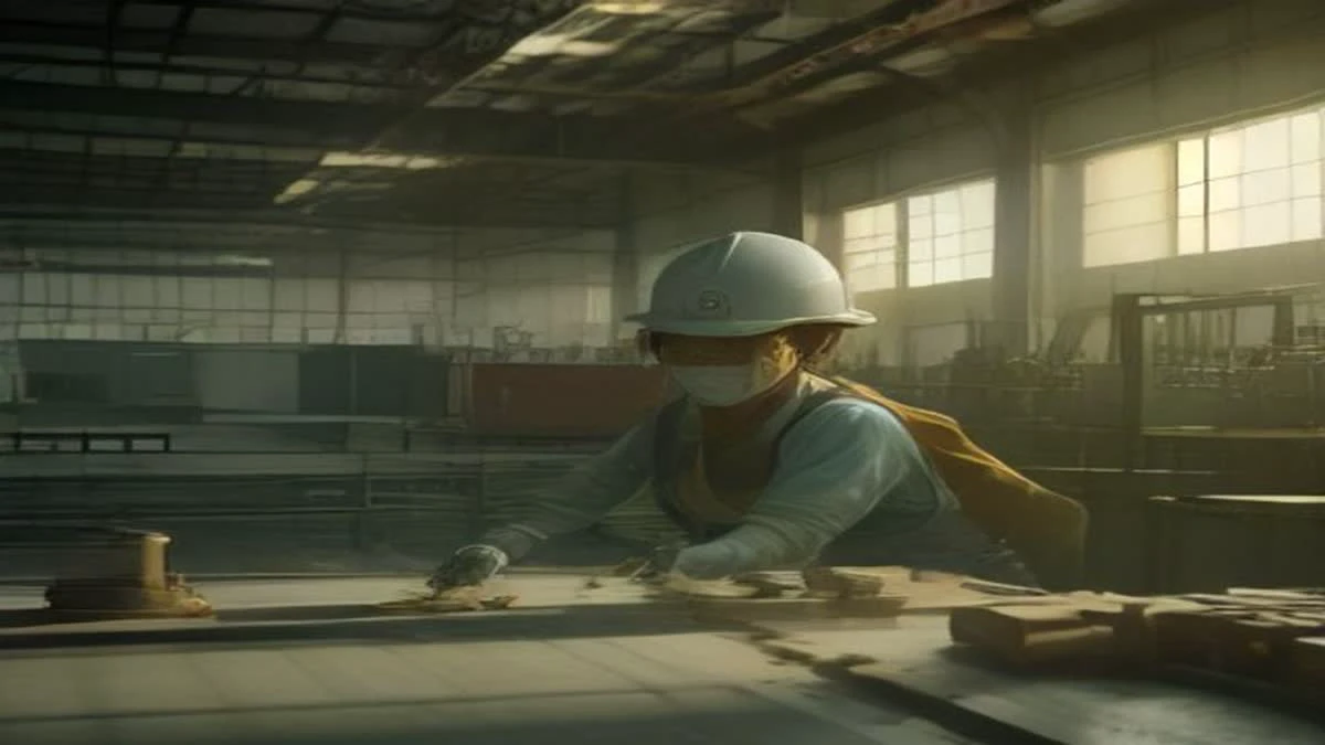 top-down flat lay of a factory production line with machinery and a worker in a hard hat checking output, soft morning light (illustrative image)